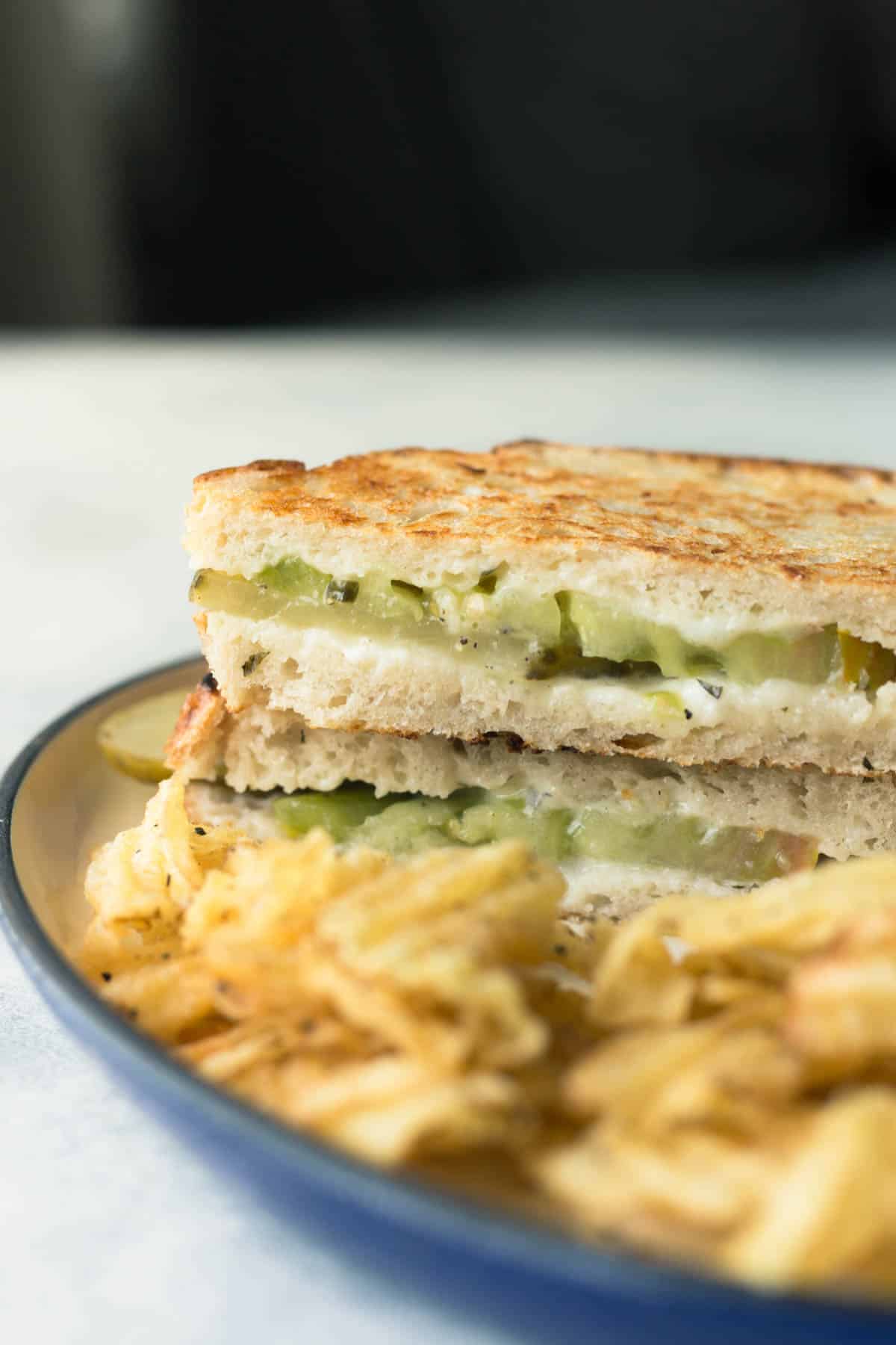 a vegan cheese, tomato, and pickle sandwich on a tray with potato chips