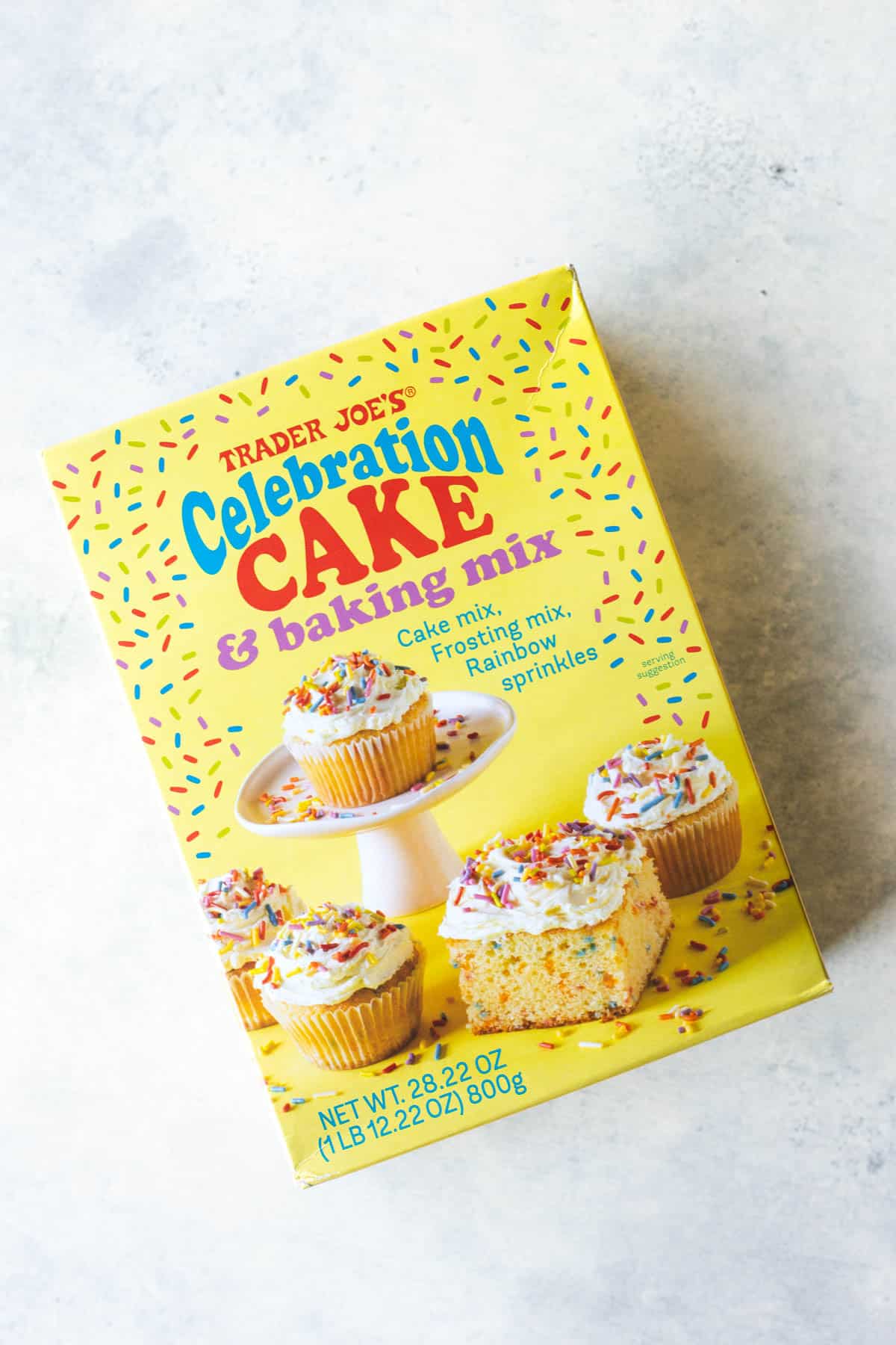 Trader Joe's Celebration Cake and Baking Mix box on a white background